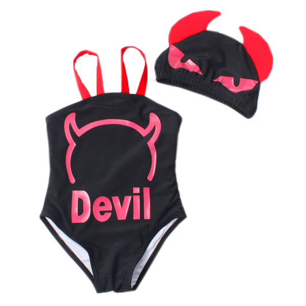 Toddler Kids Girl Cute and Fun One-Piece Swimsuit with Hat 2pcs Set Bathing Pool Beach Swimwear Devil
