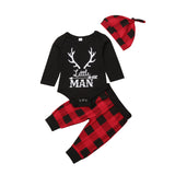 Newborn Infant Baby Boy Clothes Long Sleeve Romper,Deer Plaid Pant+ Little Man Hat 3Pcs Outfits Set - Bilo store