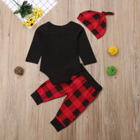 Newborn Infant Baby Boy Clothes Long Sleeve Romper,Deer Plaid Pant+ Little Man Hat 3Pcs Outfits Set - Bilo store