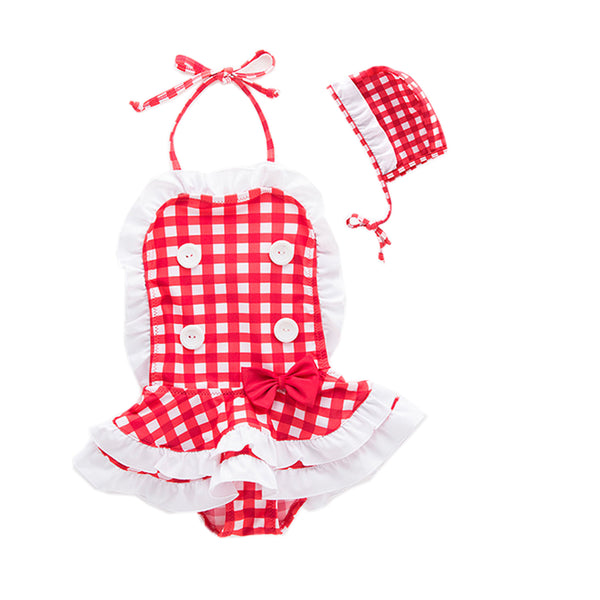 Toddler Kids Girl Cute and Fun One-Piece Swimsuit with Hat 2pcs Set Bathing Pool Beach Swimwear Checkered Red