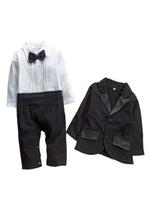 Newborn Infant Baby Boys Tuxedo Bow Tie Jumpsuit Romper and Black Jacket 2-pc Formal Wear Suit - Bilo store